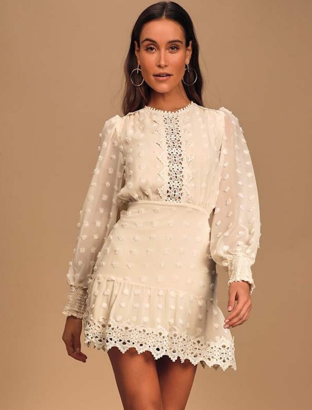 Lulu's Cream Swiss-Dot Lace-Trim Long Sleeve Mini Dress. XL